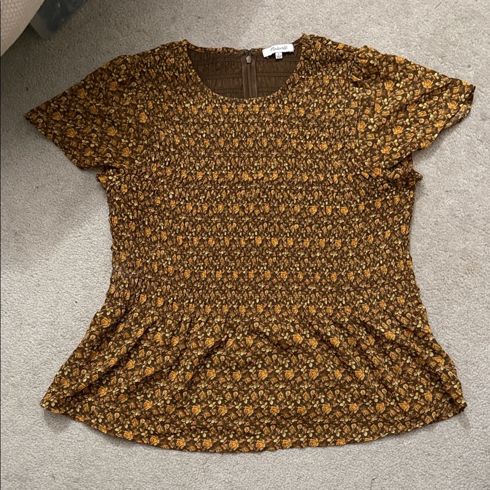 Madewell Brown & Mustard Floral Smocked Short Sleeve Tee